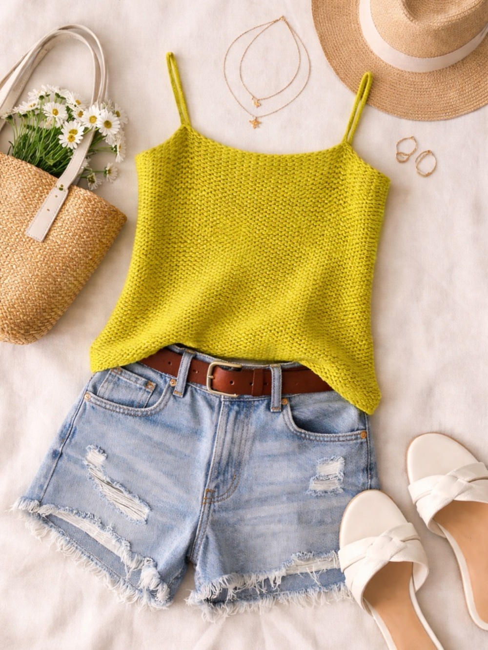 Vintage Chunky Knit Tank Chartreuse Size Med Cotton Texture Boho Bold‎ Summer